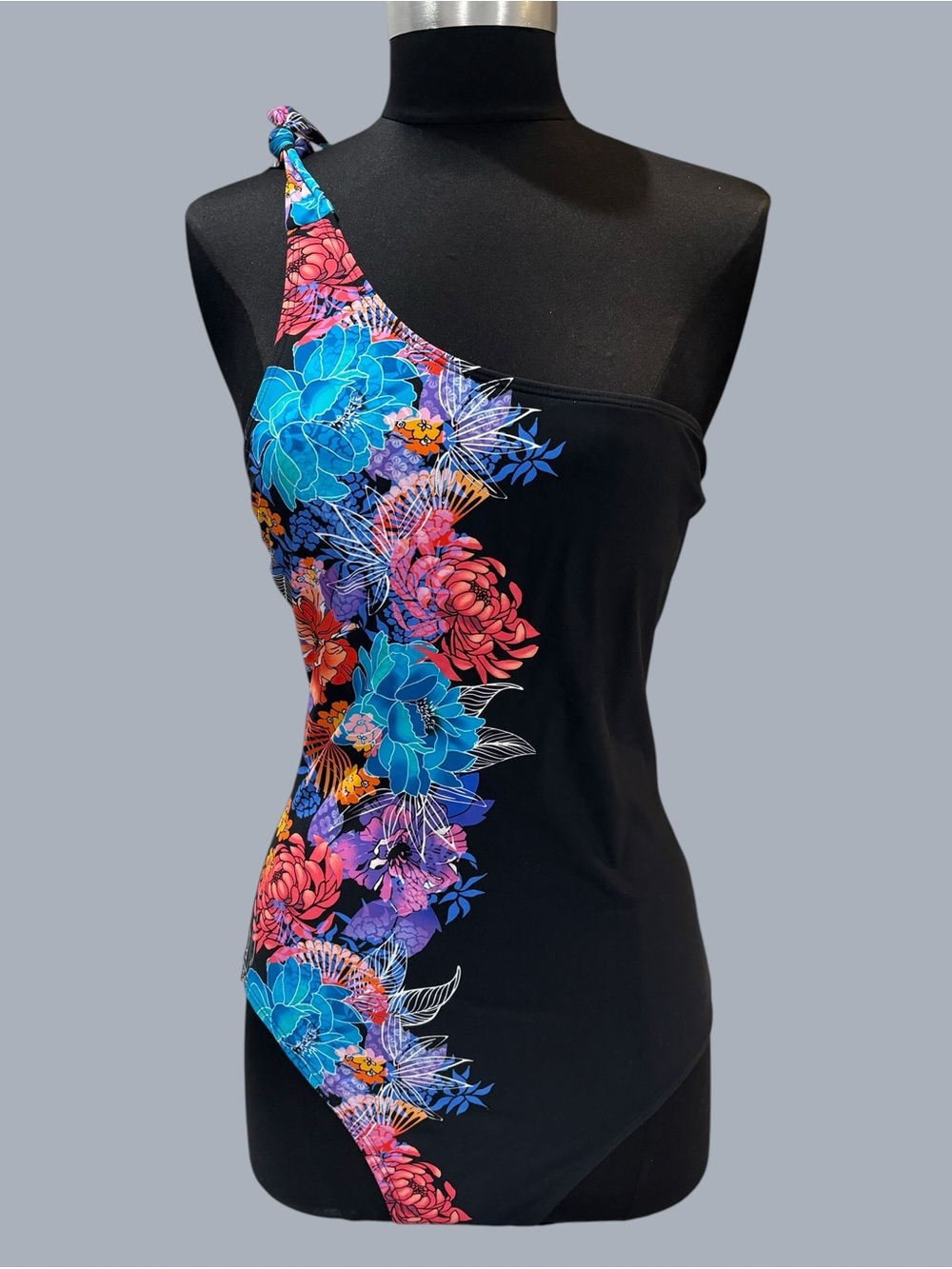 Skinny dippers One-Shoulder Black Swimsuit with Vibrant Floral Print size M